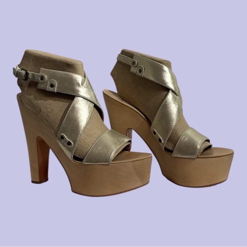 J. LITVACK Platform Sandals 6” Heel Ankle Strap Champagne Gold Size 8.5V